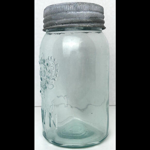Antique CROWN Quart Aqua Blue Glass Canning Jar Zinc Ring Glass Lid Complete - Picture 4 of 14